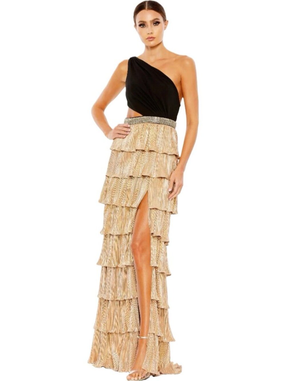 Mac Duggal Size 14 Black Gold 26742 One-Shoulder Ruffle Tiered Embellished Gown